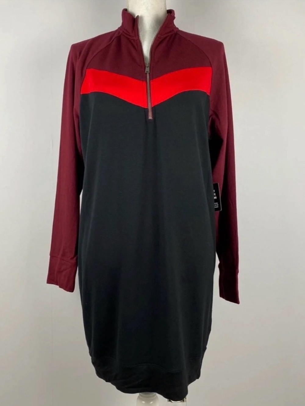 Express Black Dress with Burgundy Sleeves and Red Chevron